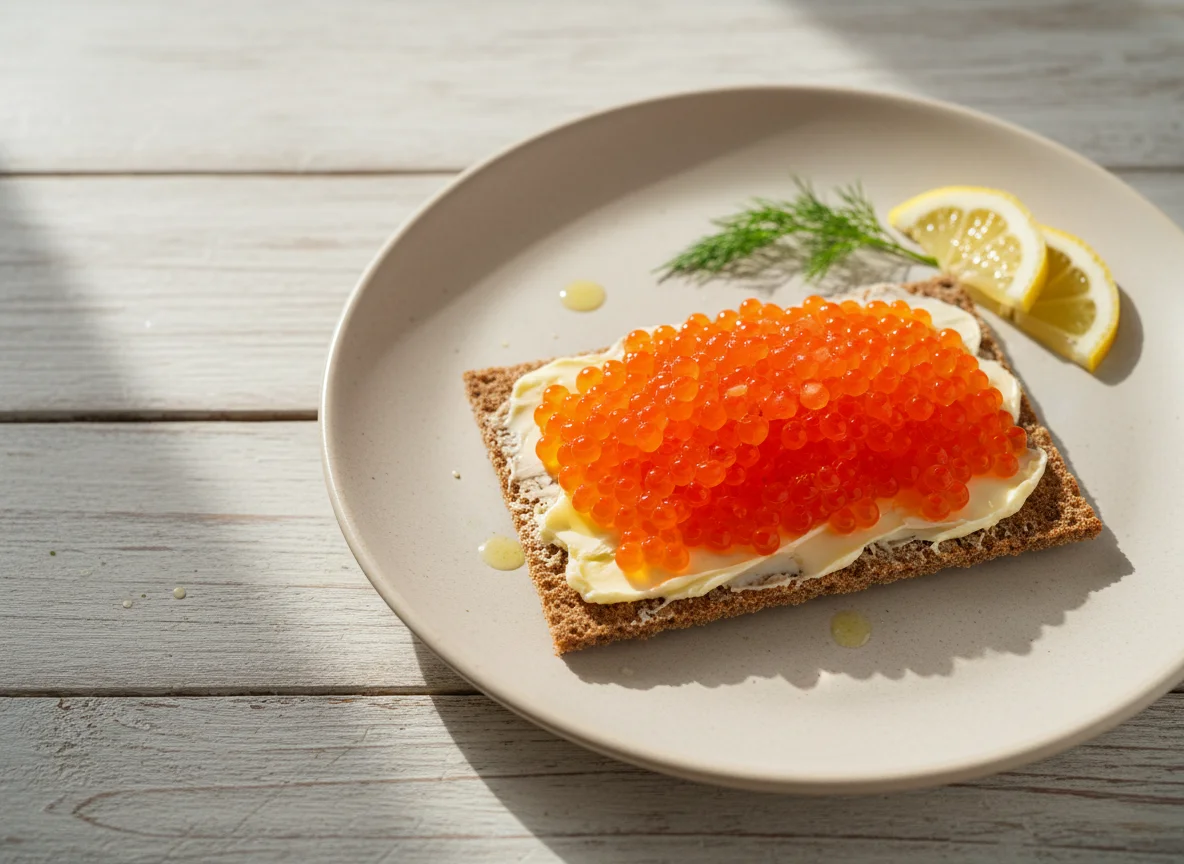 Хлебец с маслом и красной икрой photo