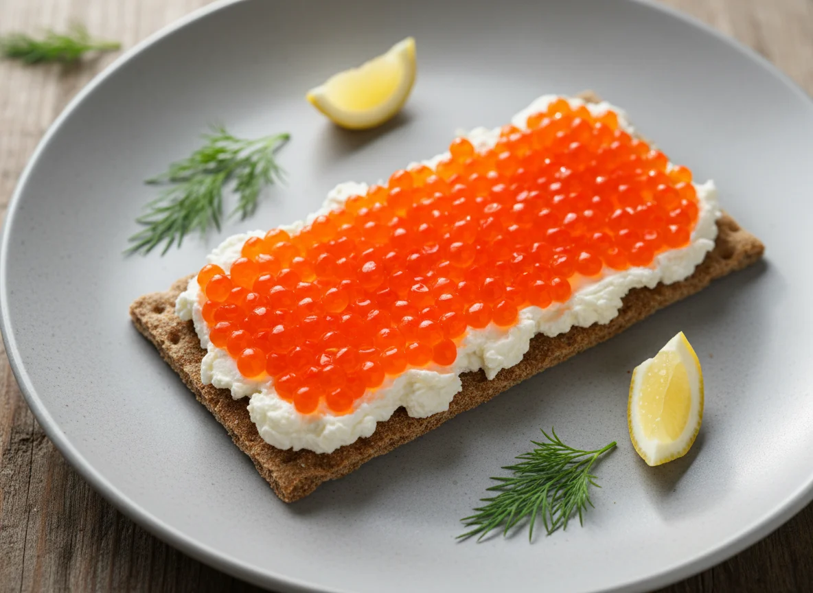 Хлебец с творожным сыром и красной икрой photo