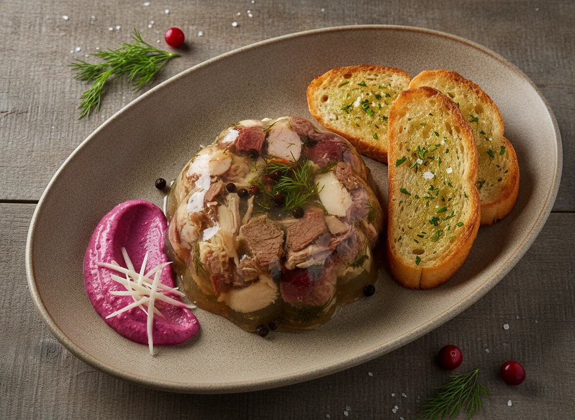 Холодец из трех видов мяса с кремом из хрена и свеклы и чесночными гренками photo