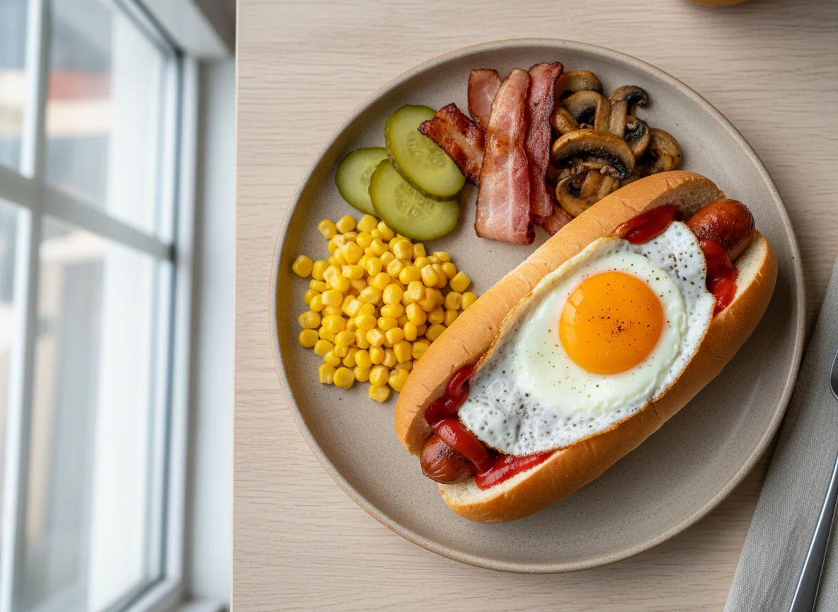 Хот-дог с яичницей и гарниром photo