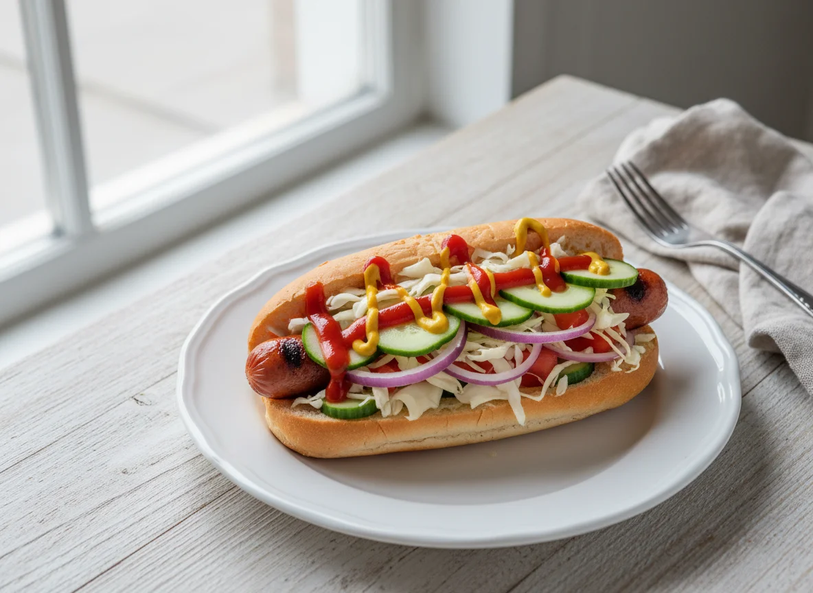 Хот-дог с капустой и соусами photo