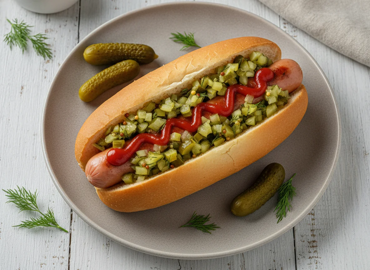 Хот-дог с маринованными огурцами photo