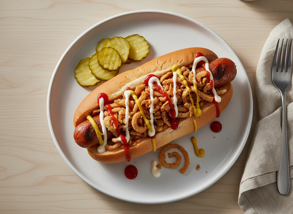 Хот-дог с жареным луком и соусами photo