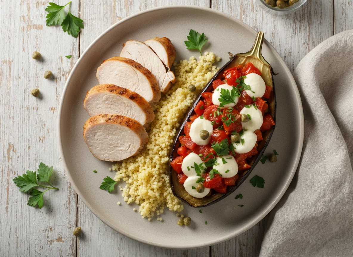 Индейка с фаршированным баклажаном и кускусом photo