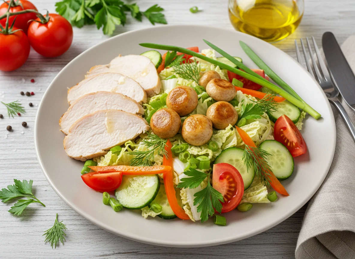 Индейка вареная с овощным салатом и грибами photo