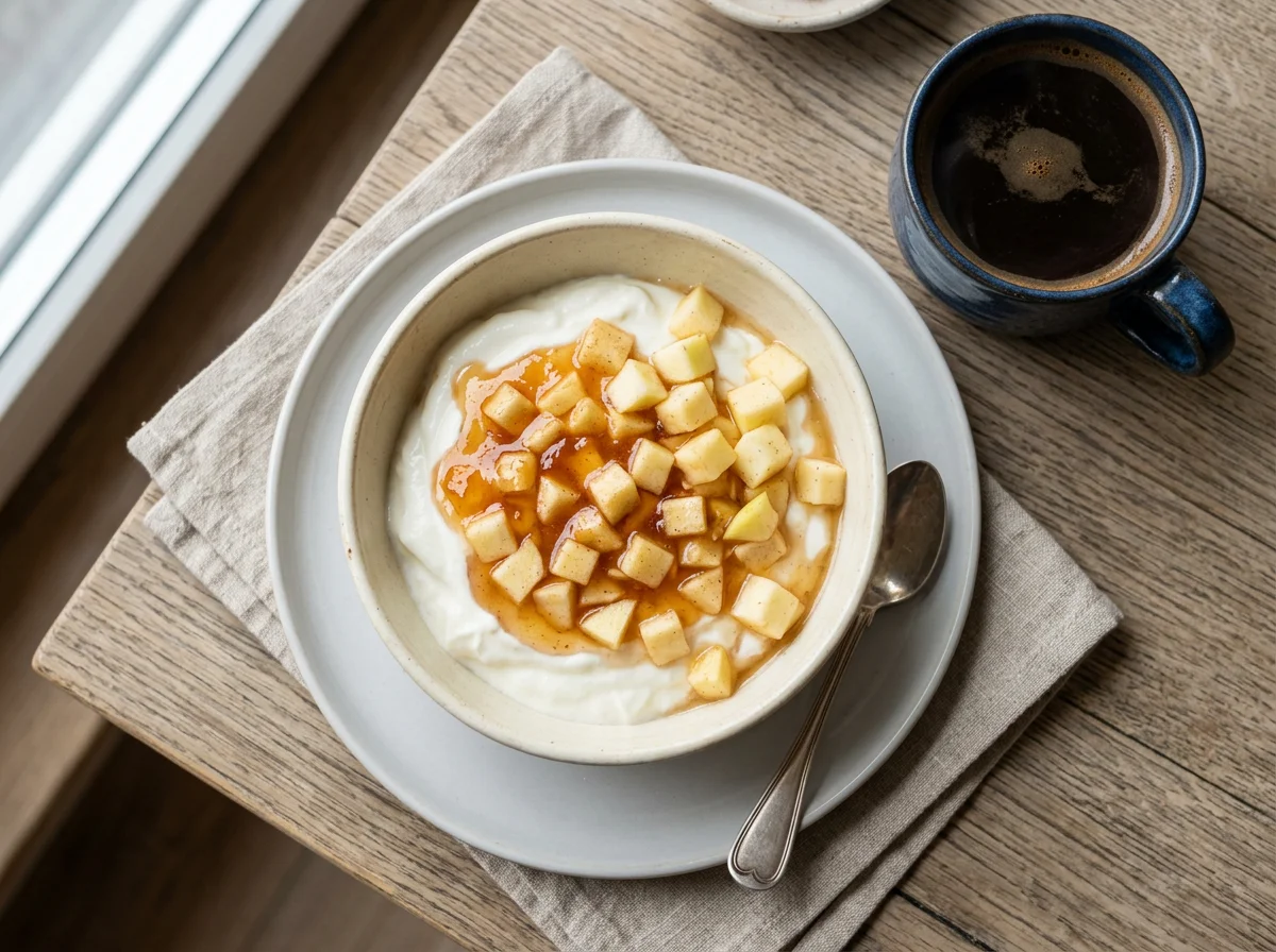 Йогурт с яблоками и кофе photo