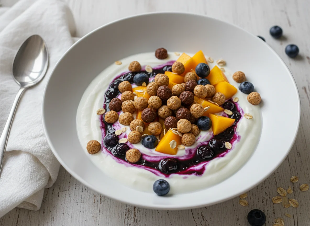 Йогурт с ягодами и хлопьями photo