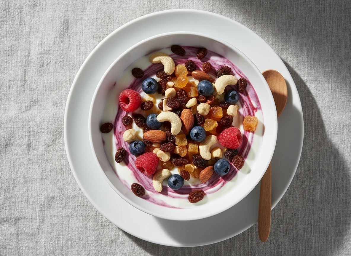 Йогурт с ягодами и орехами photo