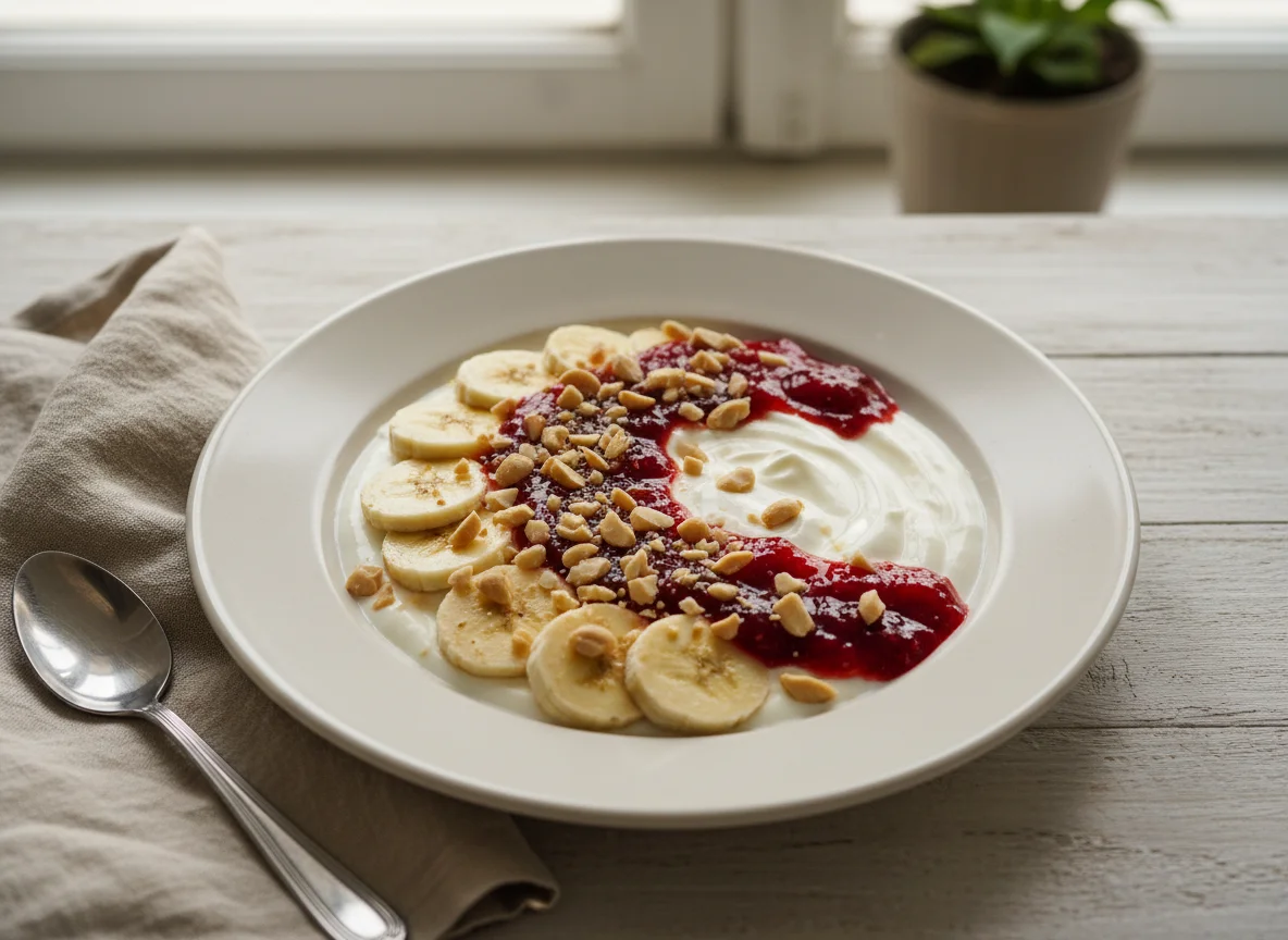 Йогурт с бананом, арахисом и джемом photo