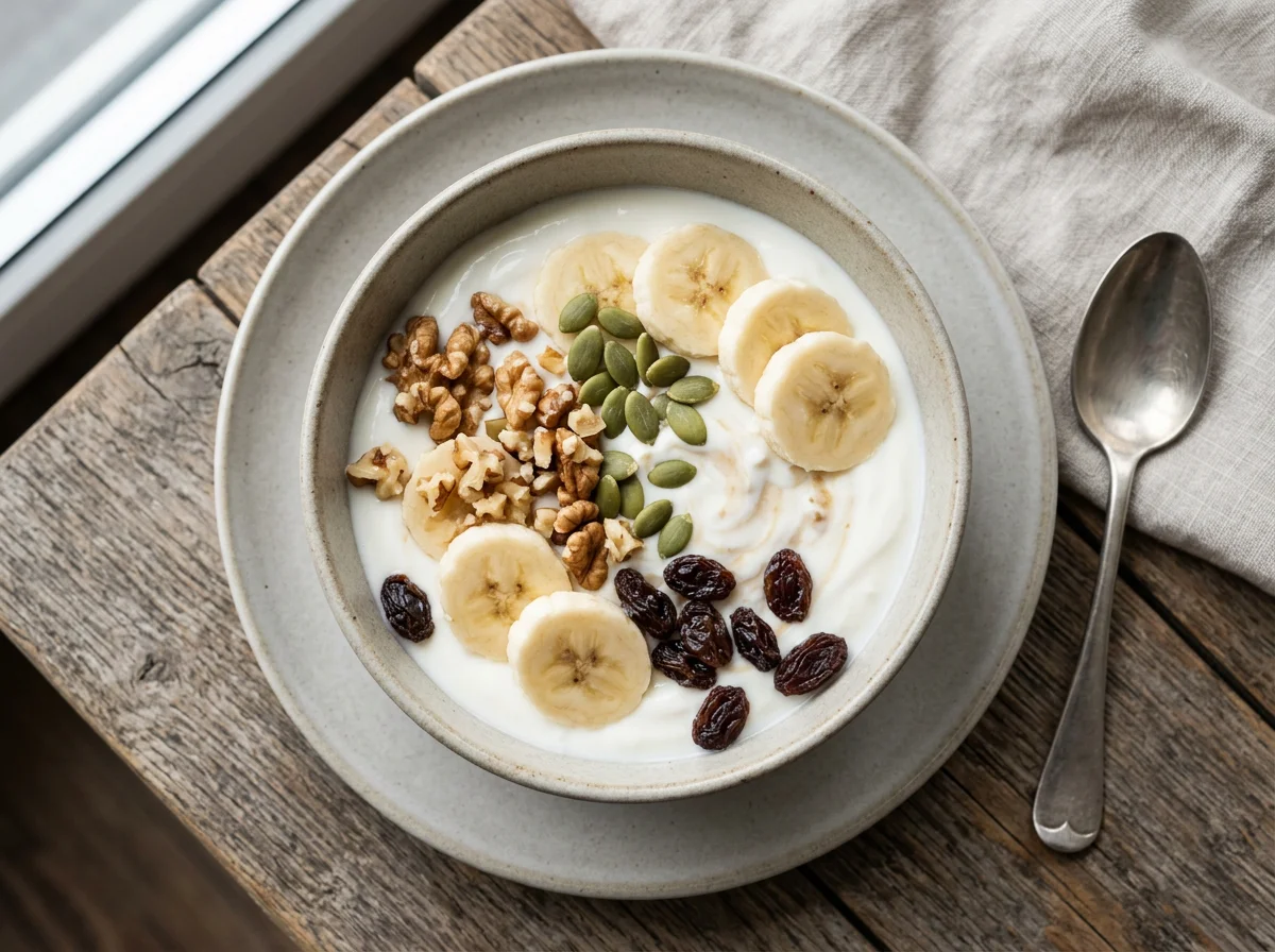 Йогурт с бананом, орехами и сухофруктами photo