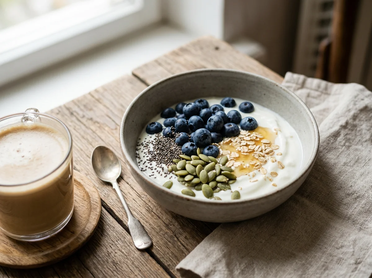Йогурт с черникой, семенами чиа и тыквенными семечками photo