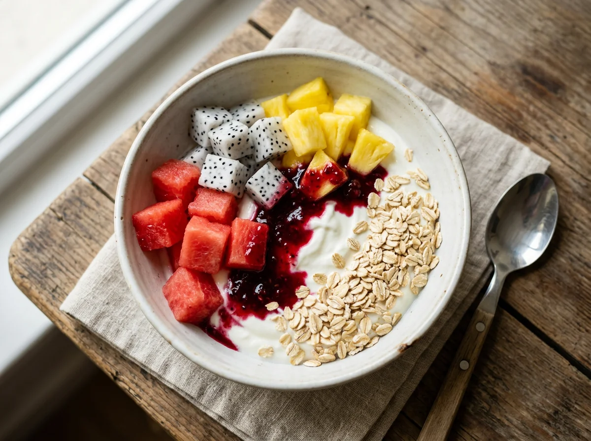 Йогурт с фруктами и овсяными хлопьями photo