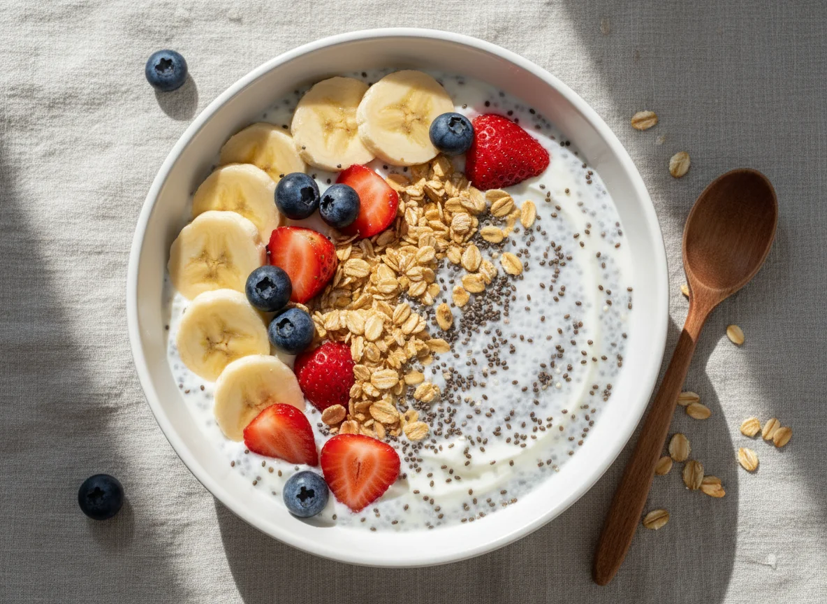 Йогурт с фруктами, овсянкой и семенами чиа photo