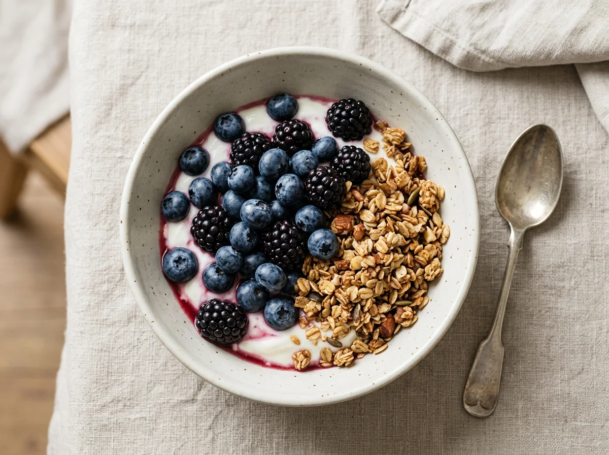 Йогурт с голубикой, ежевикой и гранолой photo