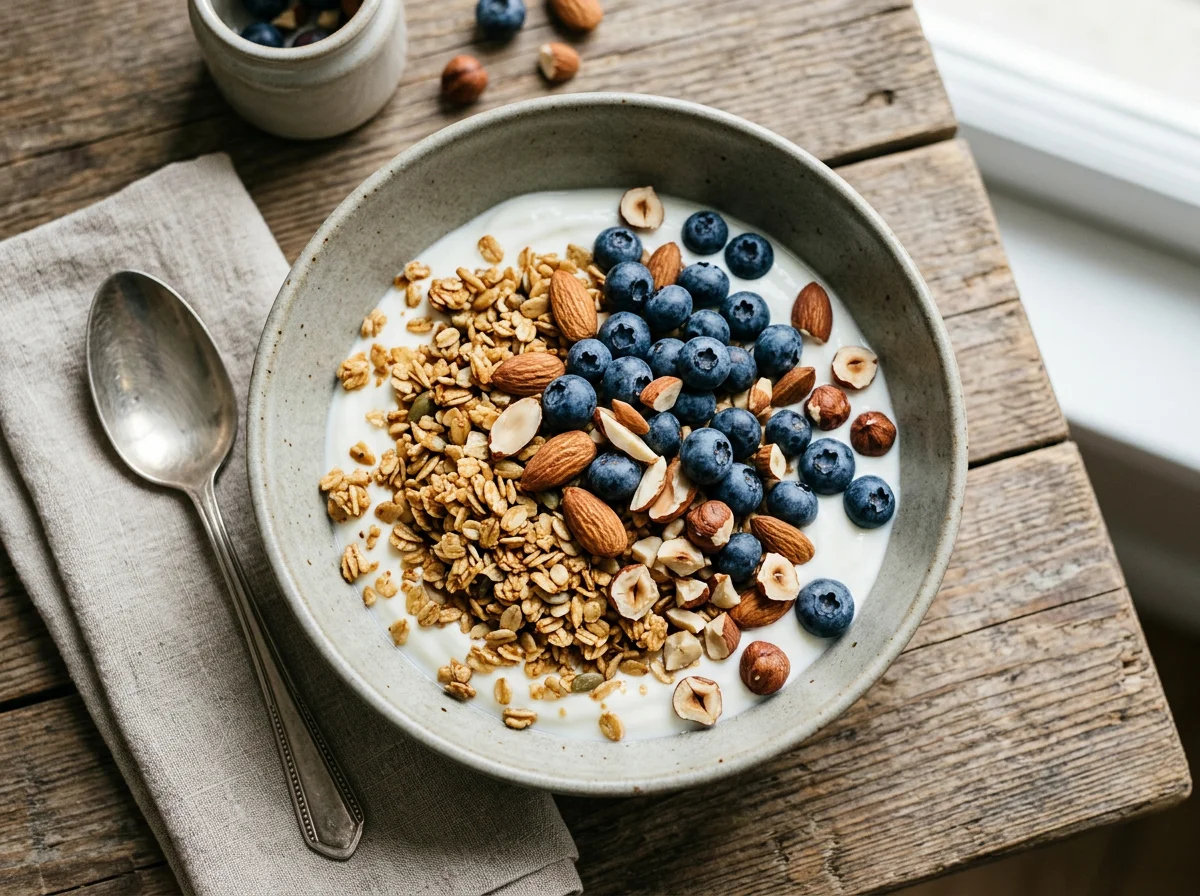 Йогурт с гранолой, ягодами и орехами photo