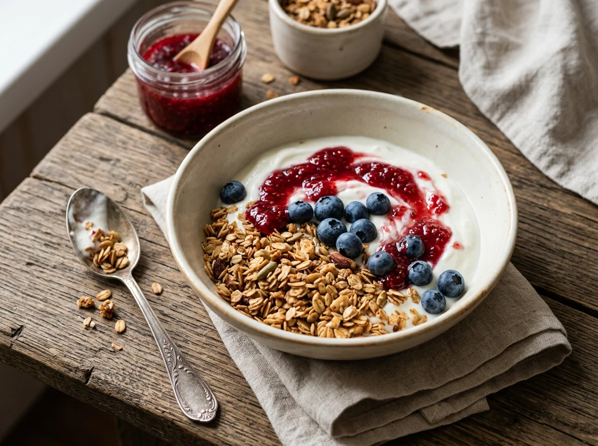 Йогурт с гранолой, черникой и малиновым джемом photo