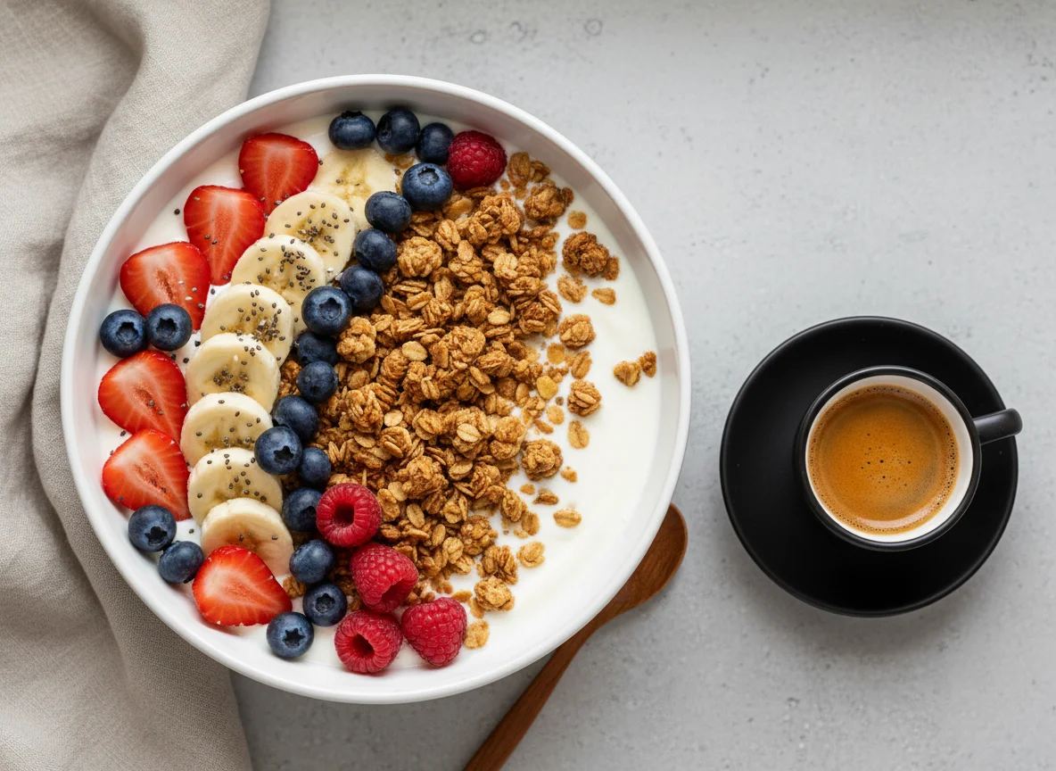 Йогурт с гранолой и ягодами, кофе photo