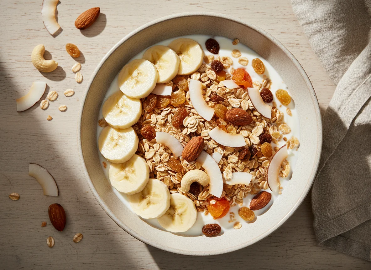 Йогурт с мюсли, сухофруктами, орехами и бананом photo