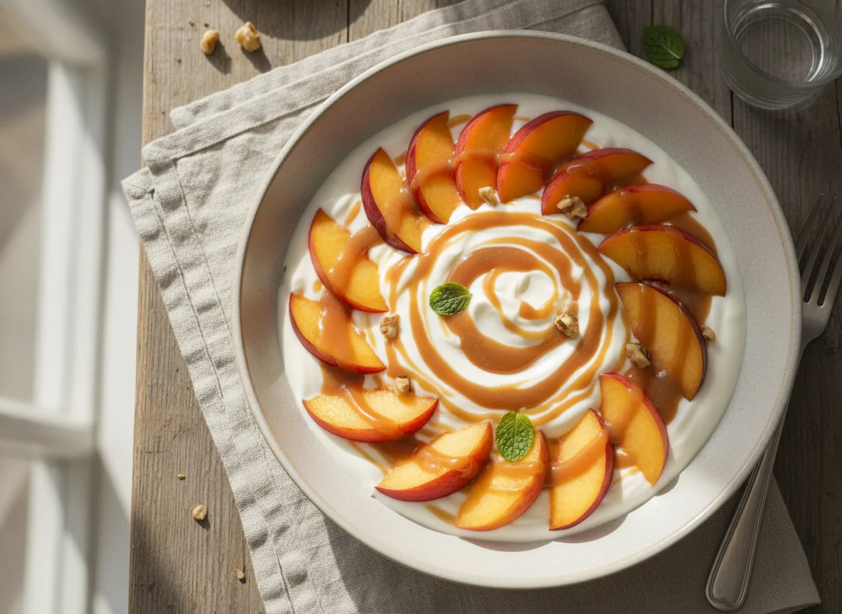 Йогурт с нектаринами и карамельным соусом photo