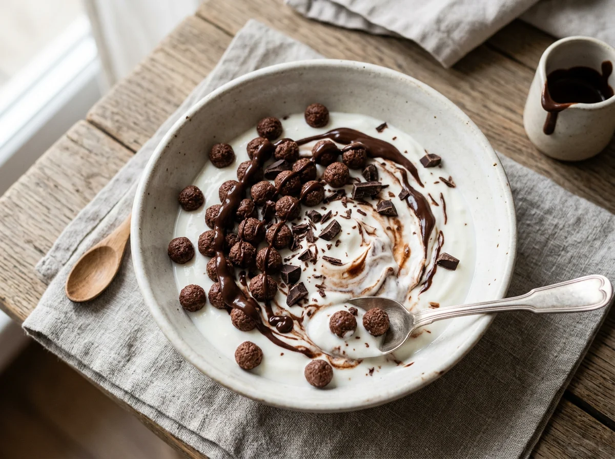 Йогурт с шоколадными шариками и шоколадом photo