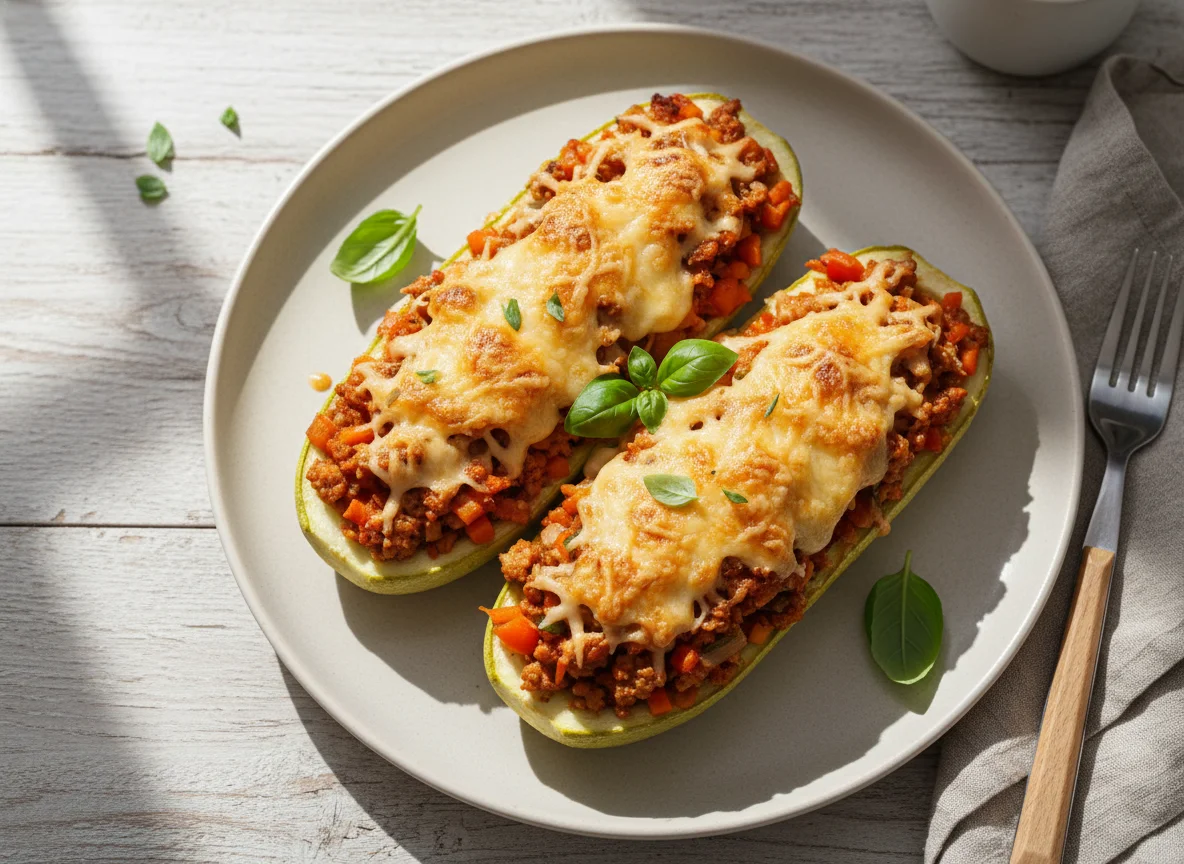 Кабачок, фаршированный индейкой и овощами, запеченный с сыром photo