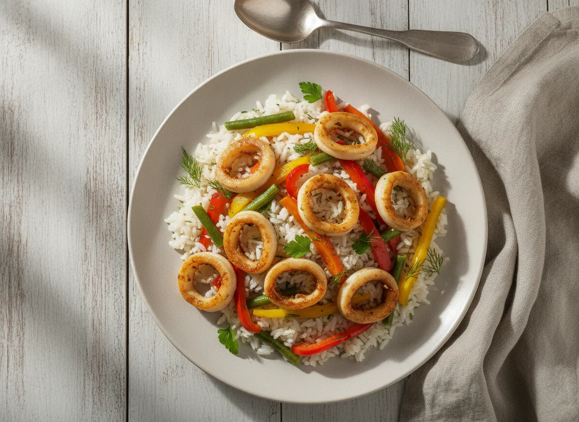 Кальмары с рисом и овощами photo