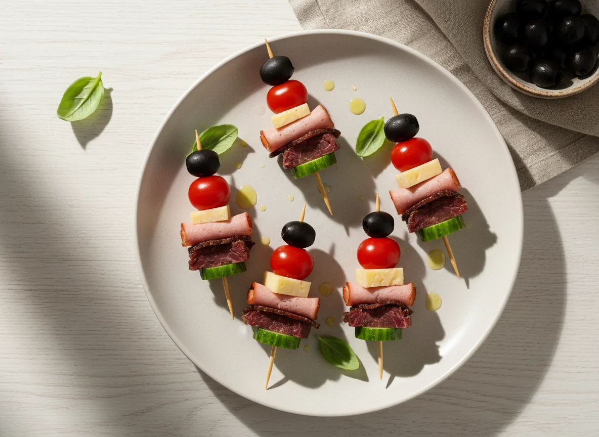 Канапе с мясными деликатесами и овощами photo