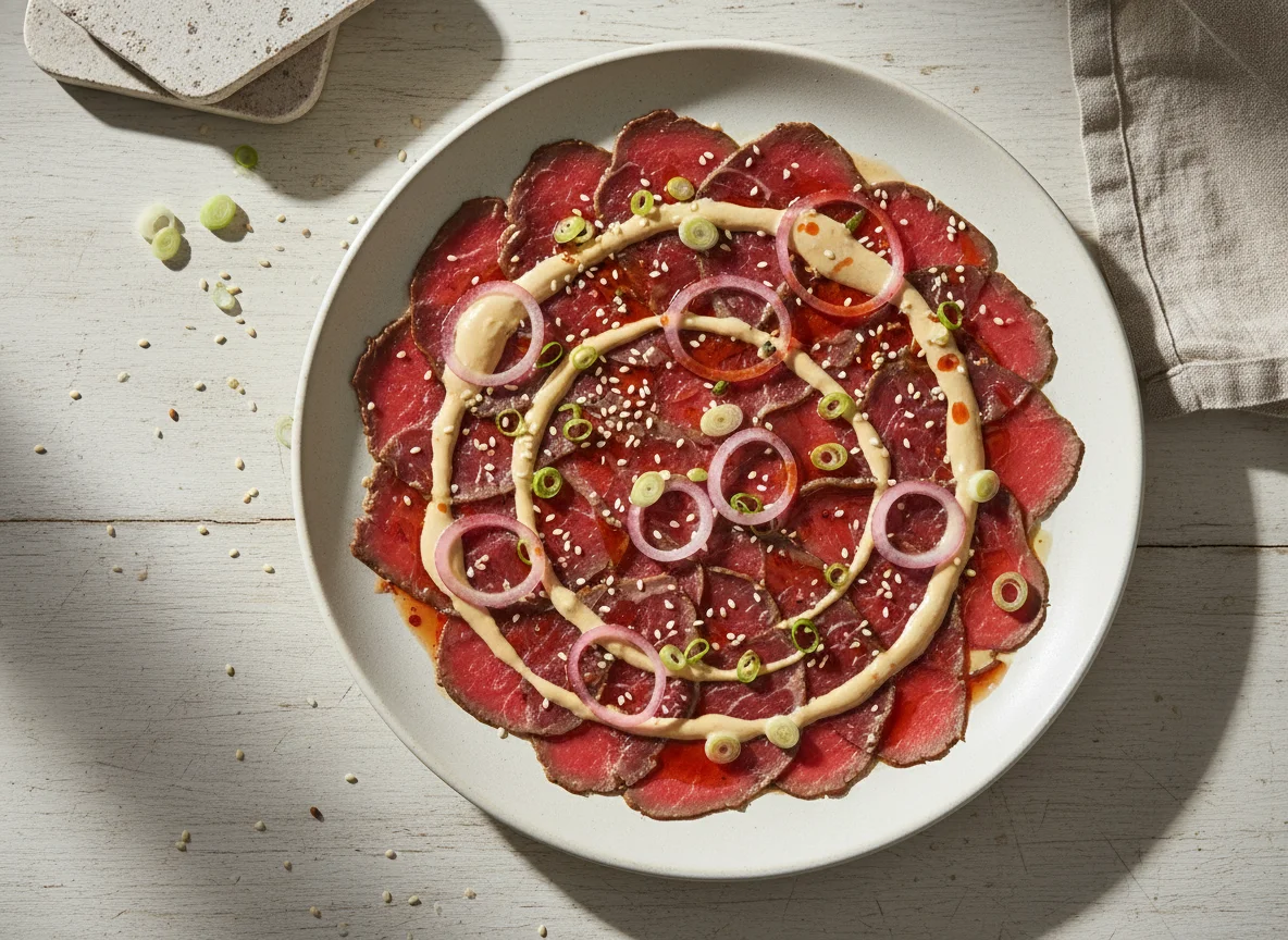 Карпаччо из говядины с соусом и маринованным луком photo