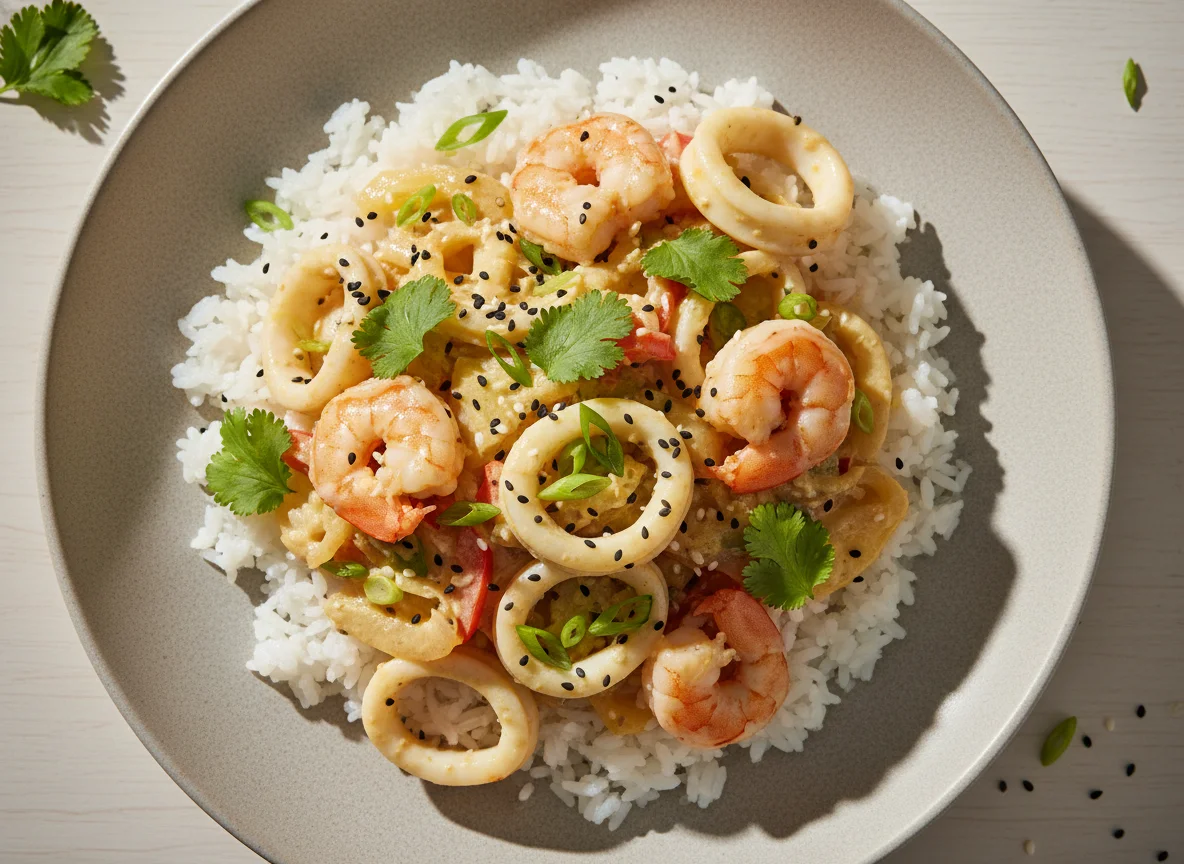 Карри с морепродуктами и рисом photo