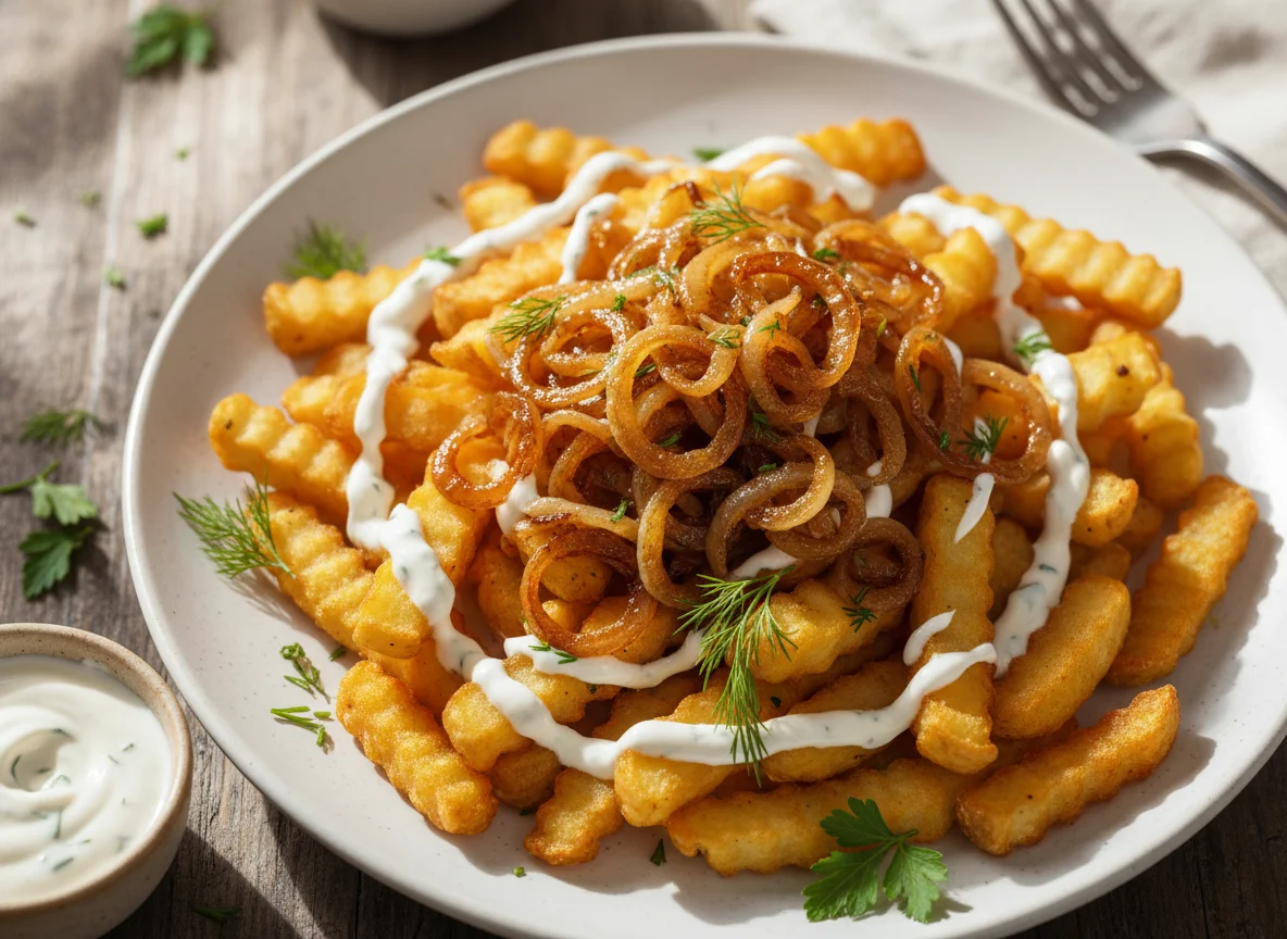 Картофель фри с соусом и жареным луком photo