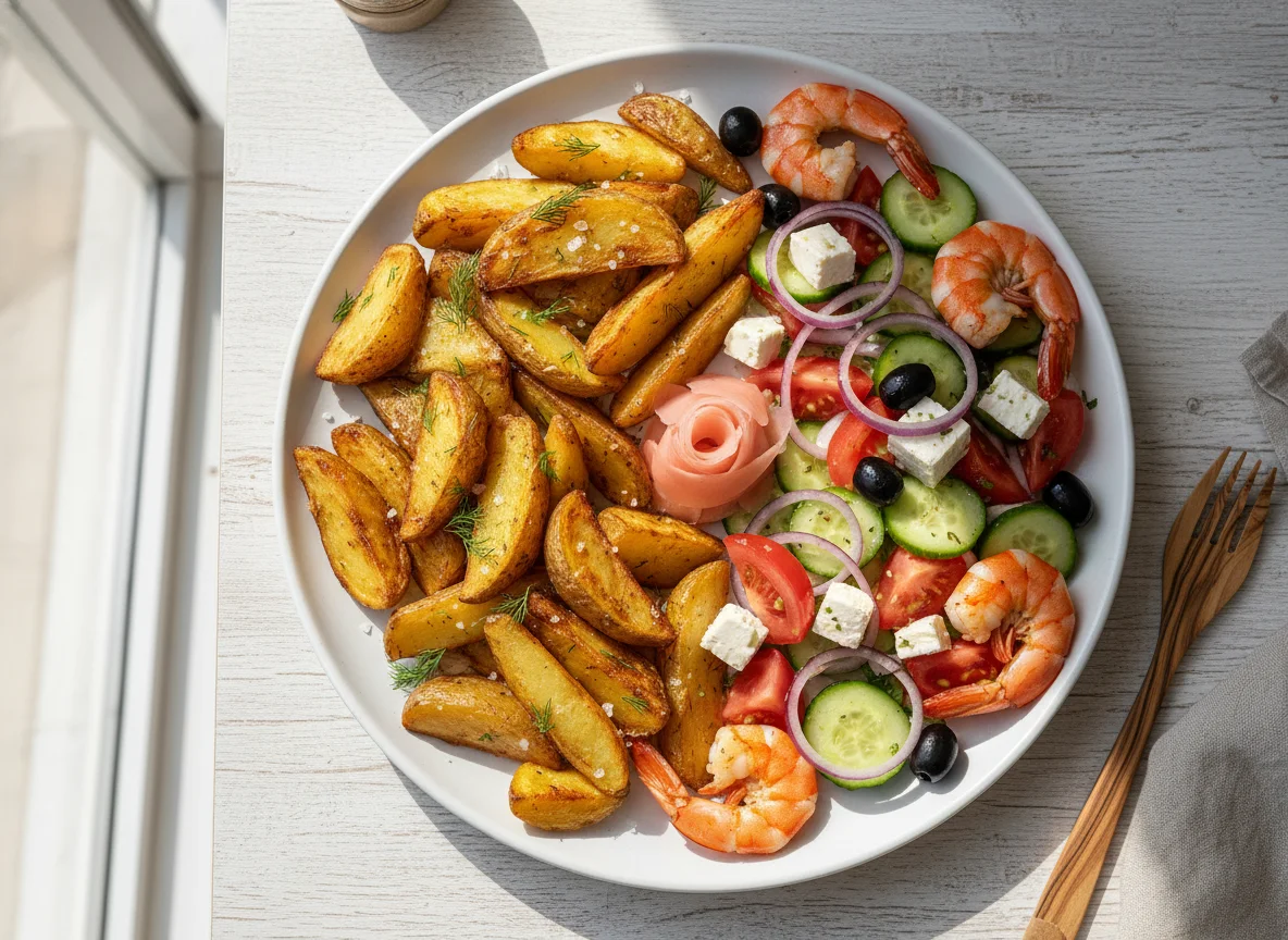 Картофель по-деревенски с греческим салатом, маринованным имбирем и креветками photo