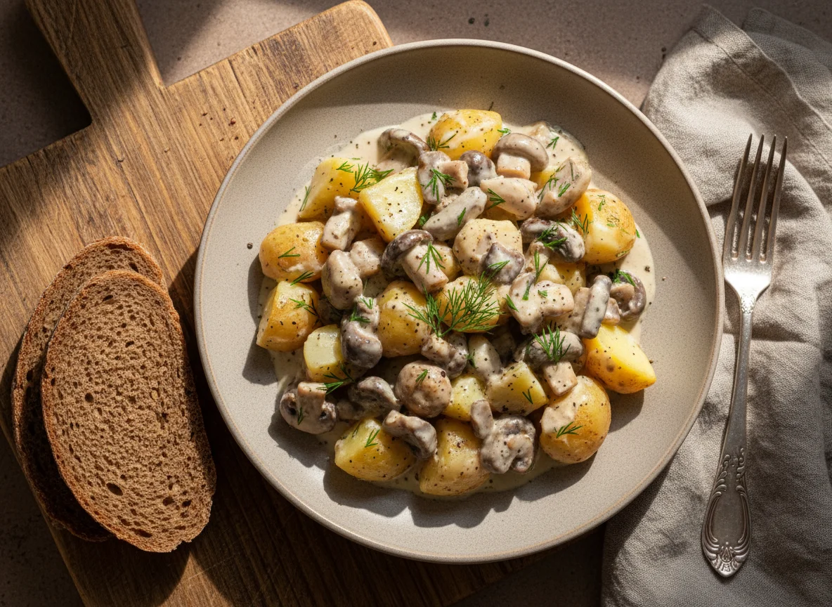 Картофель с грибами в сливочном соусе и хлеб photo