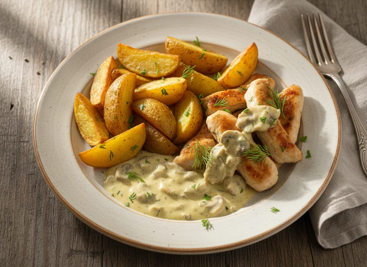 Картофель с курицей и соусом photo