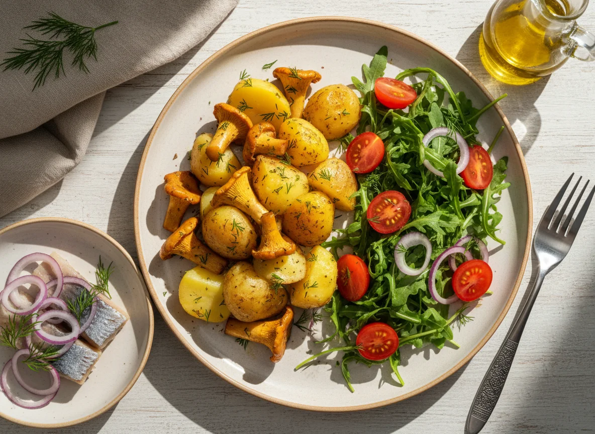 Картофель с лисичками, салат и сельдь photo