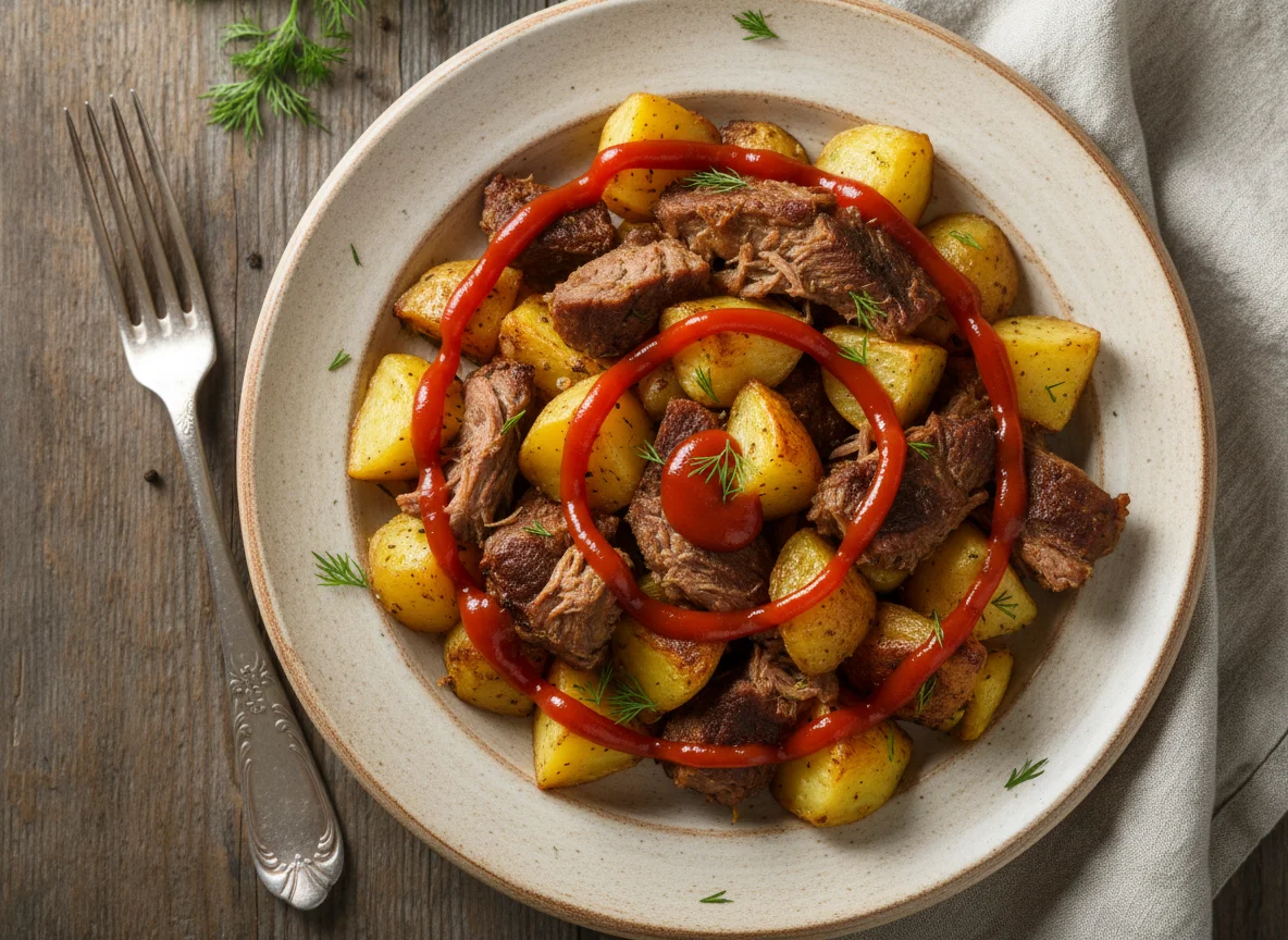 Картофель с мясом и кетчупом photo