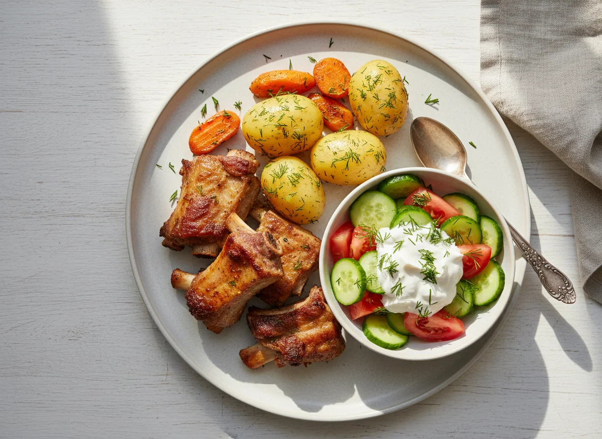 Картофель с мясом и овощным салатом photo