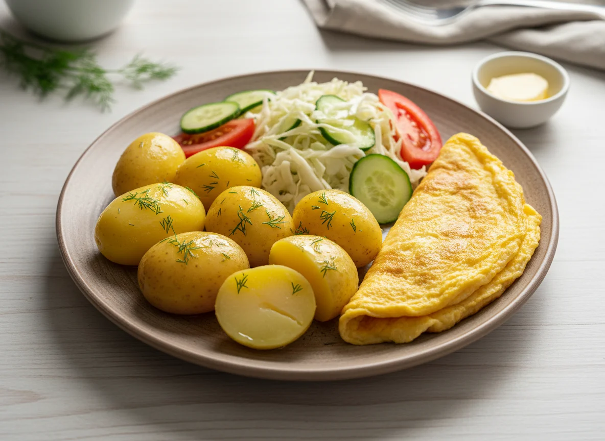 Картофель с салатом и омлетом photo