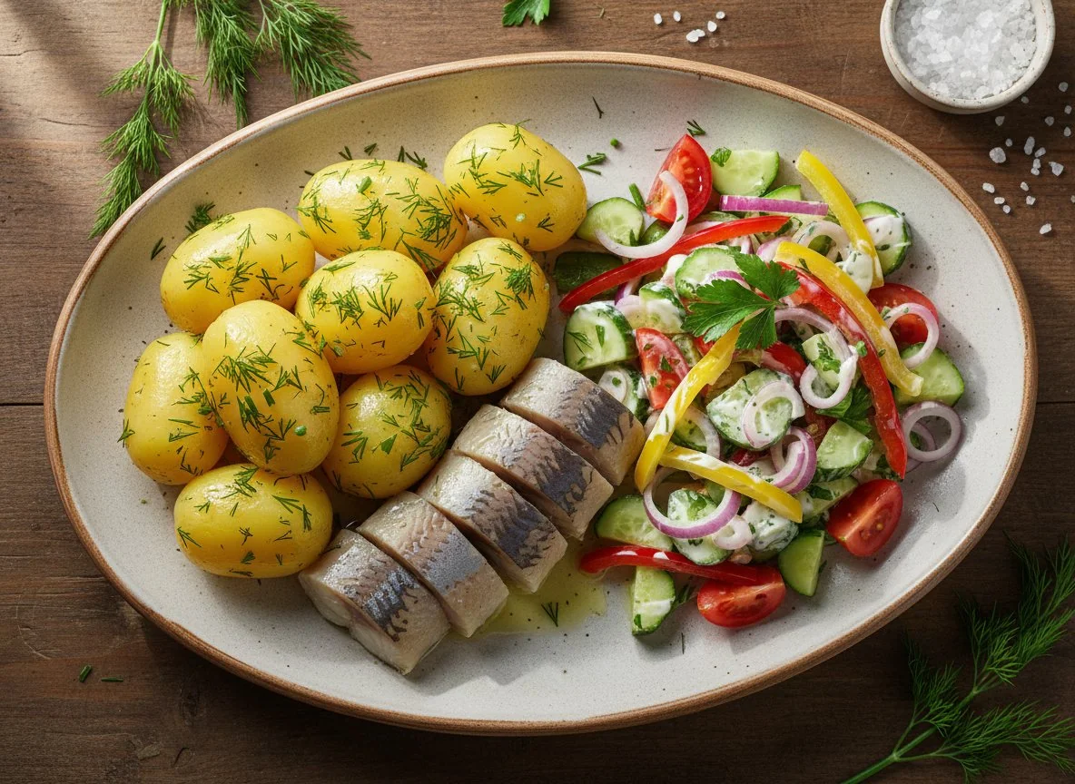 Картофель с сельдью и овощным салатом photo