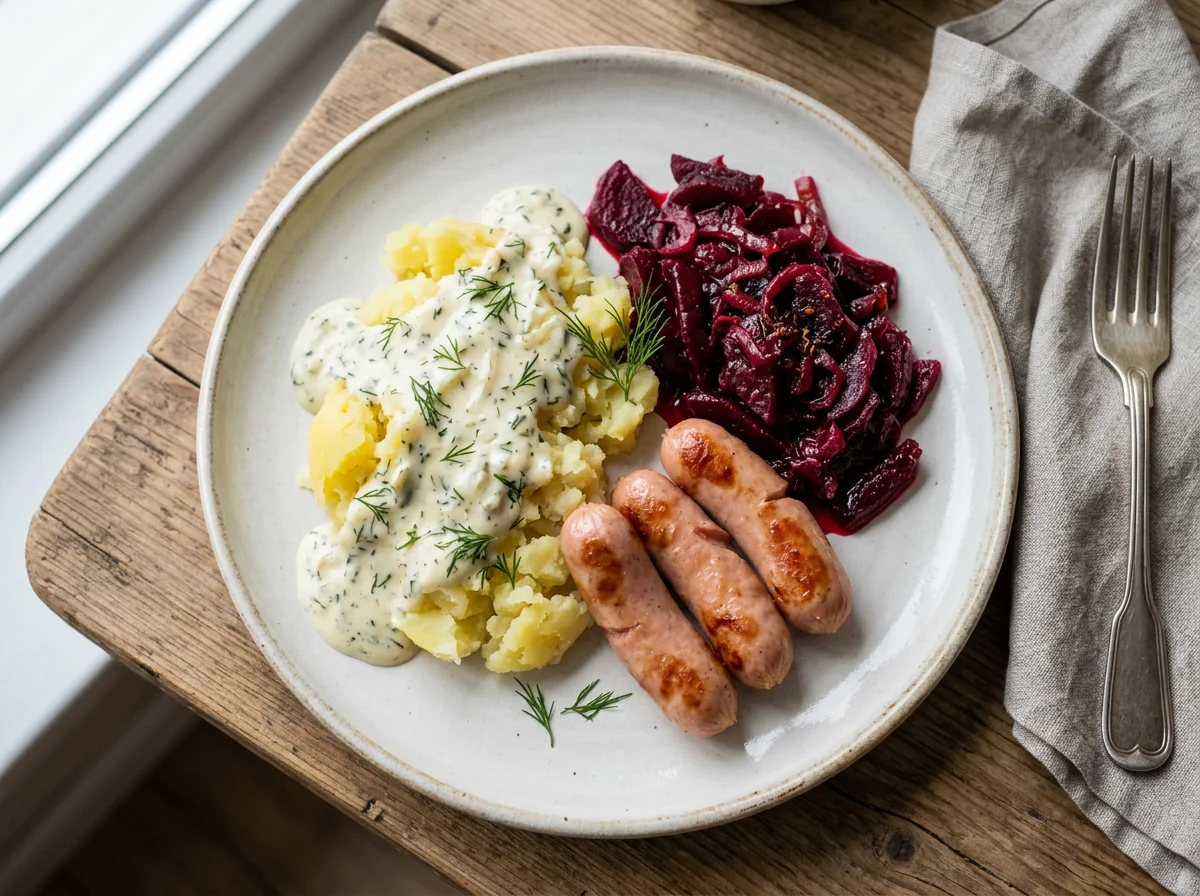 Картофель с сосисками и тушеной свеклой photo