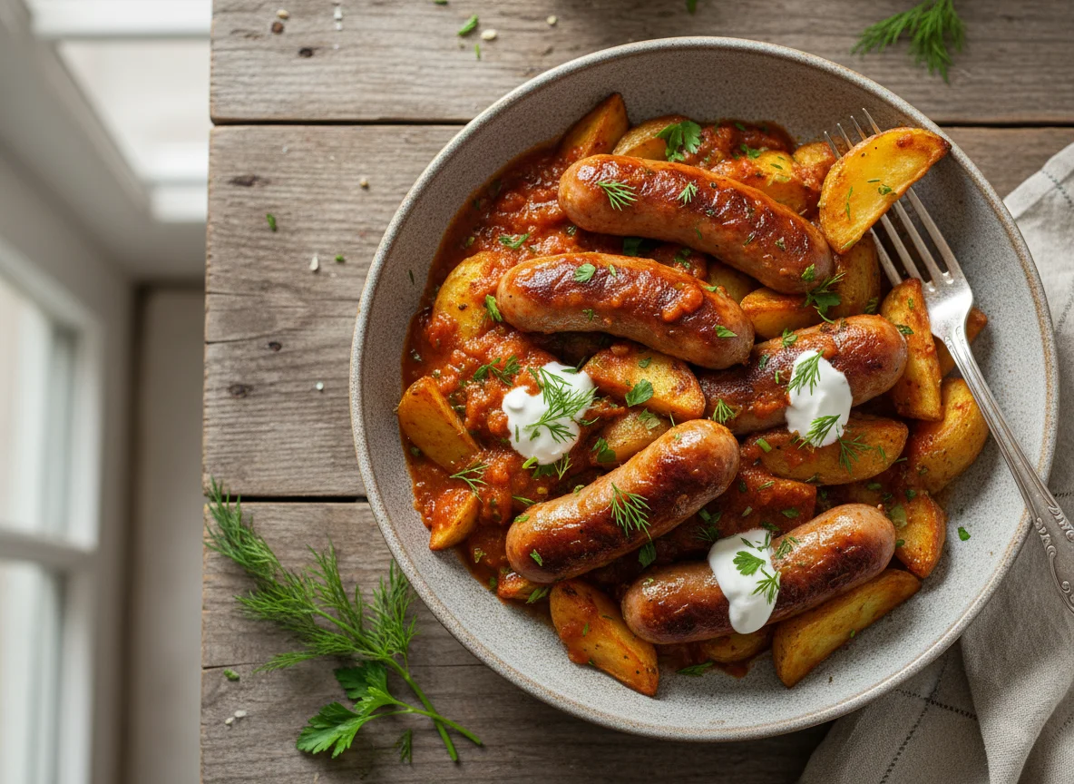 Картофель с сосисками в соусе photo