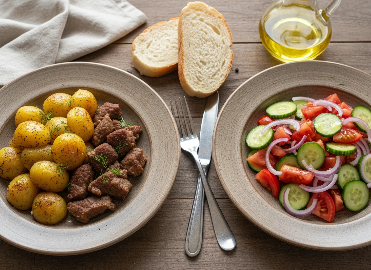 Картофель с тушенкой и овощной салат photo
