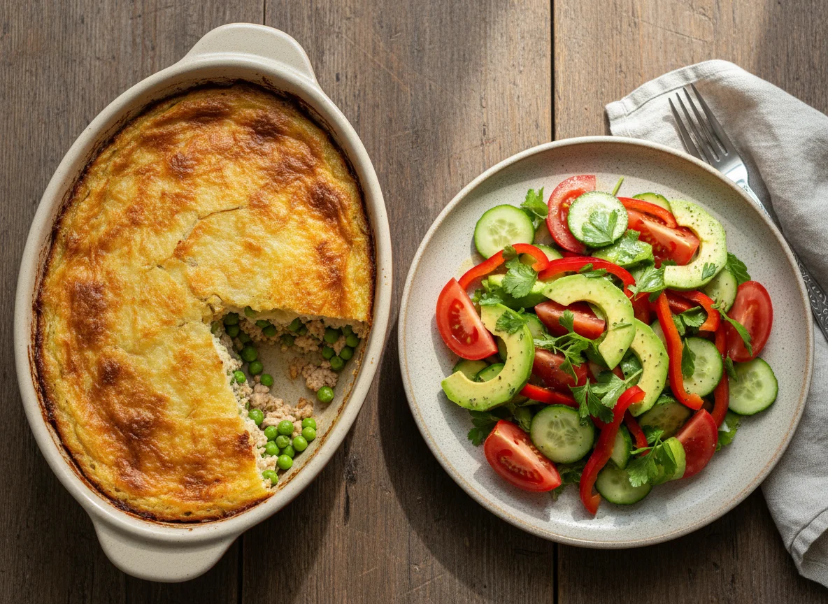 Картофельная запеканка с фаршем из индейки и овощной салат photo