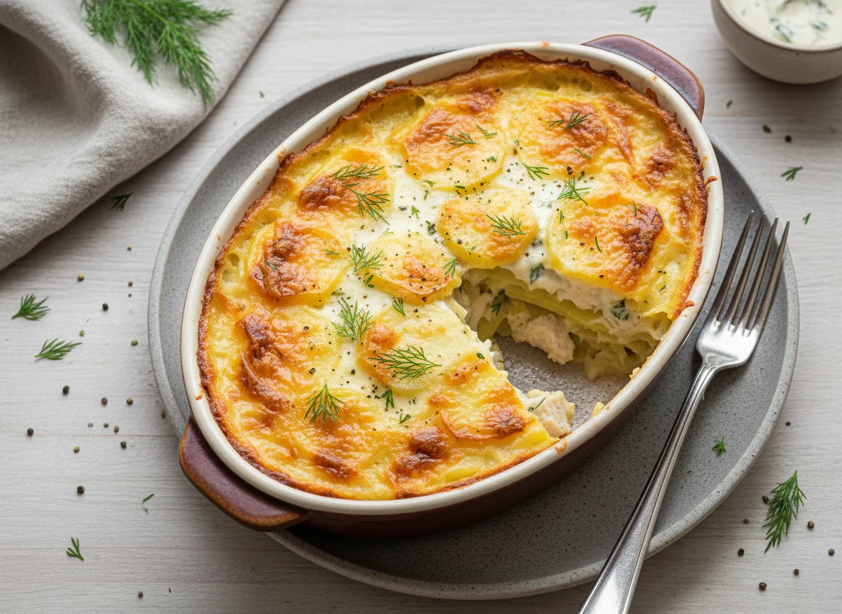 Картофельная запеканка с курицей и сыром photo