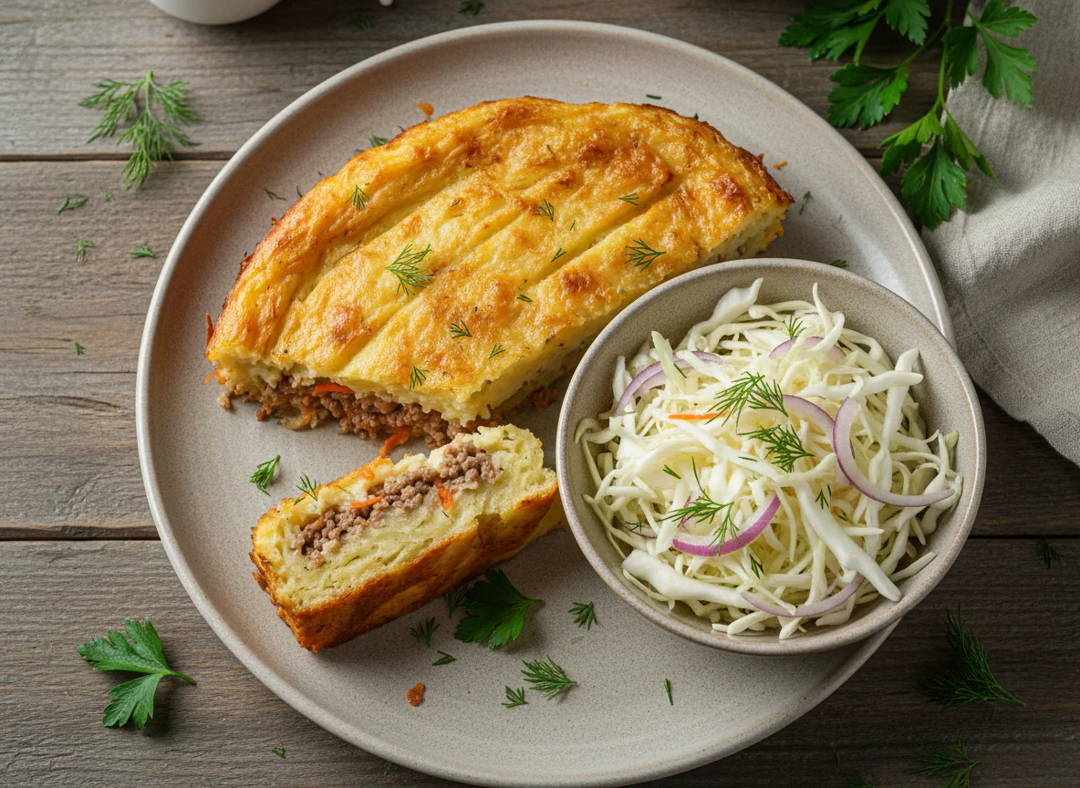 Картофельная запеканка с мясом и салат из капусты photo