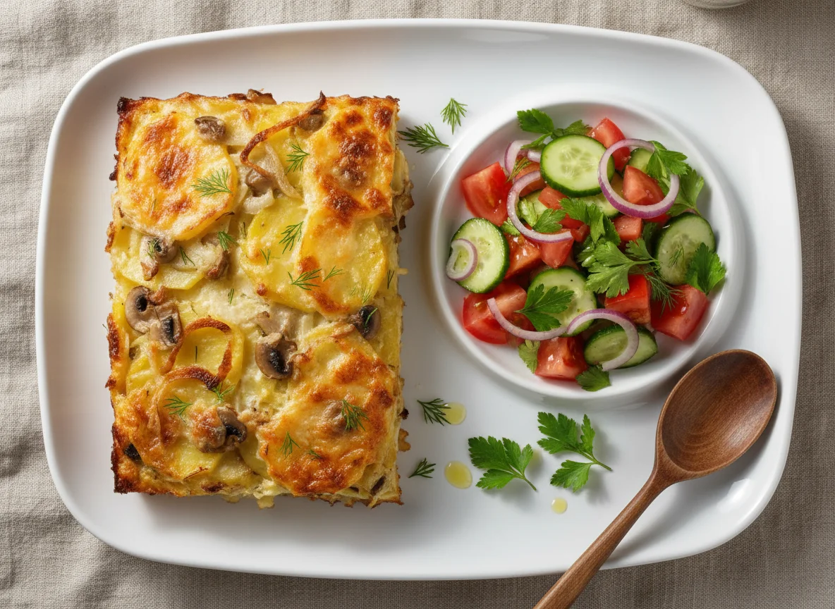 Картофельная запеканка с овощным салатом photo