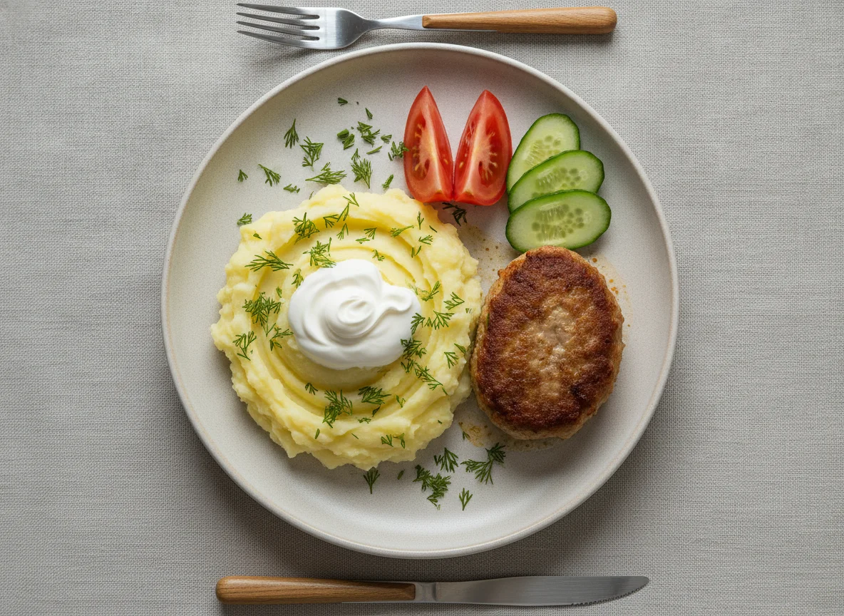 Картофельное пюре с котлетой и овощами photo