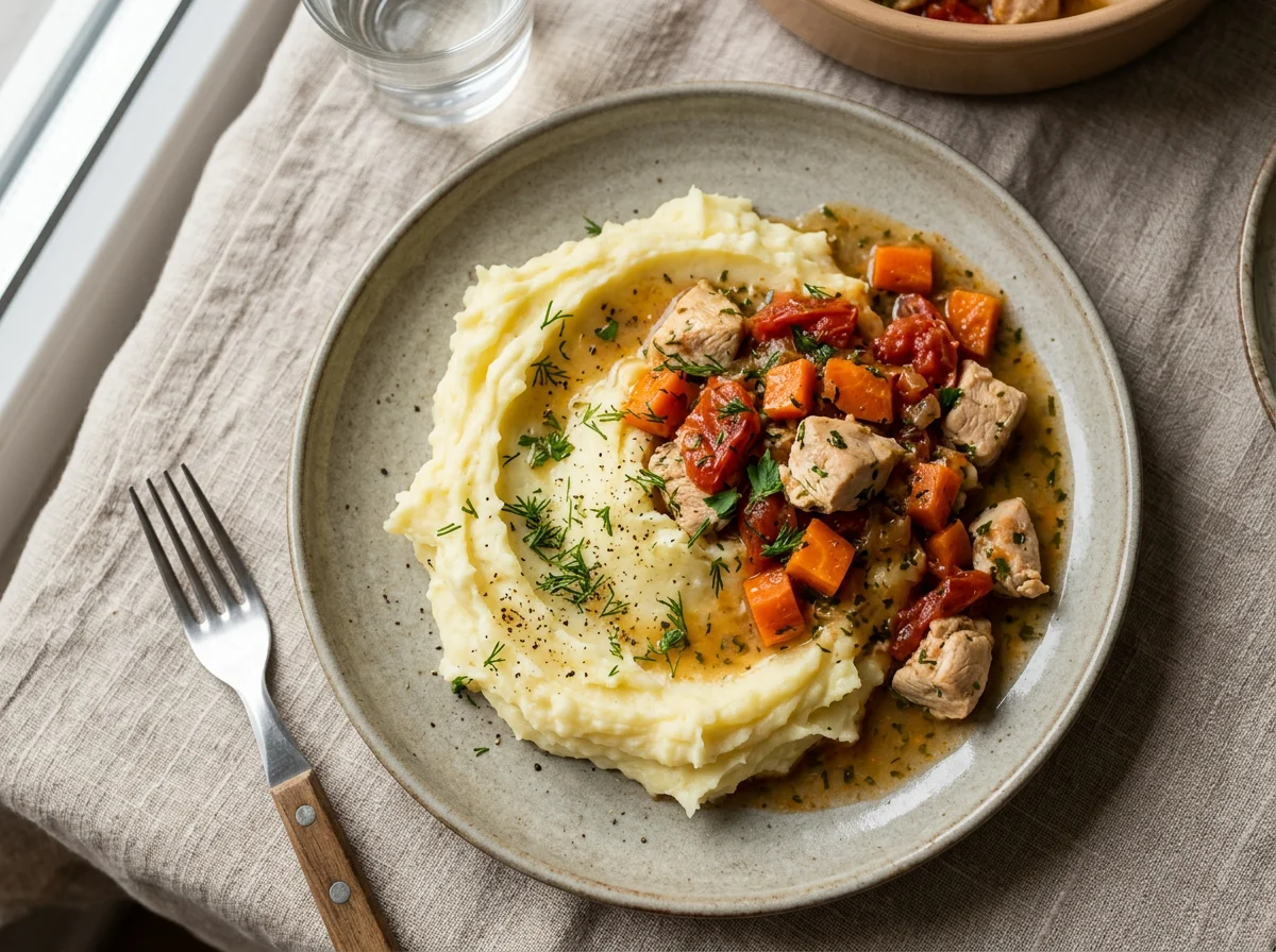 Картофельное пюре с курицей и овощами photo