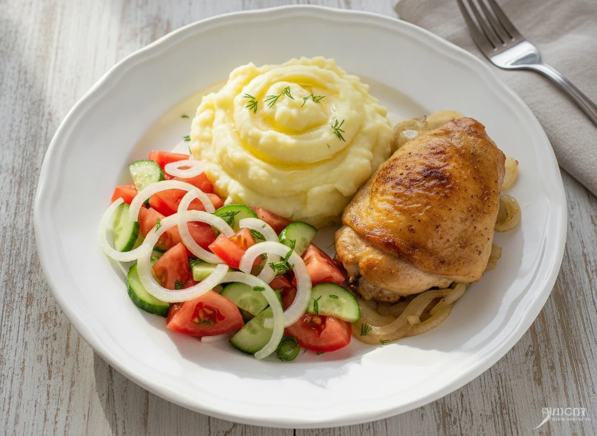 Картофельное пюре с курицей и овощным салатом photo