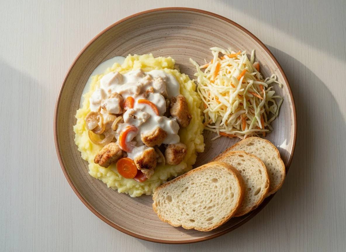 Картофельное пюре с курицей, морковью и луком в сметанном соусе, салат из капусты и моркови, хлеб photo