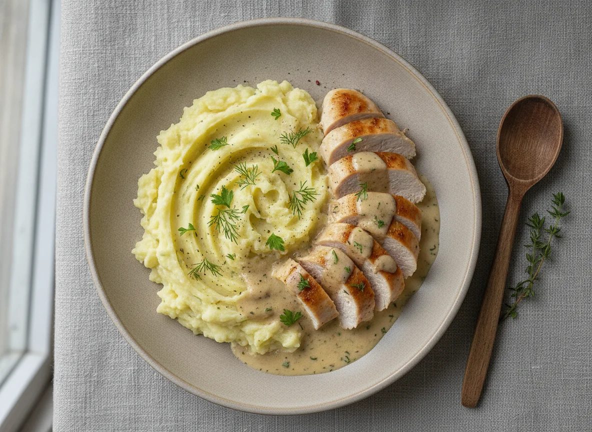 Картофельное пюре с курицей в сливочном соусе photo